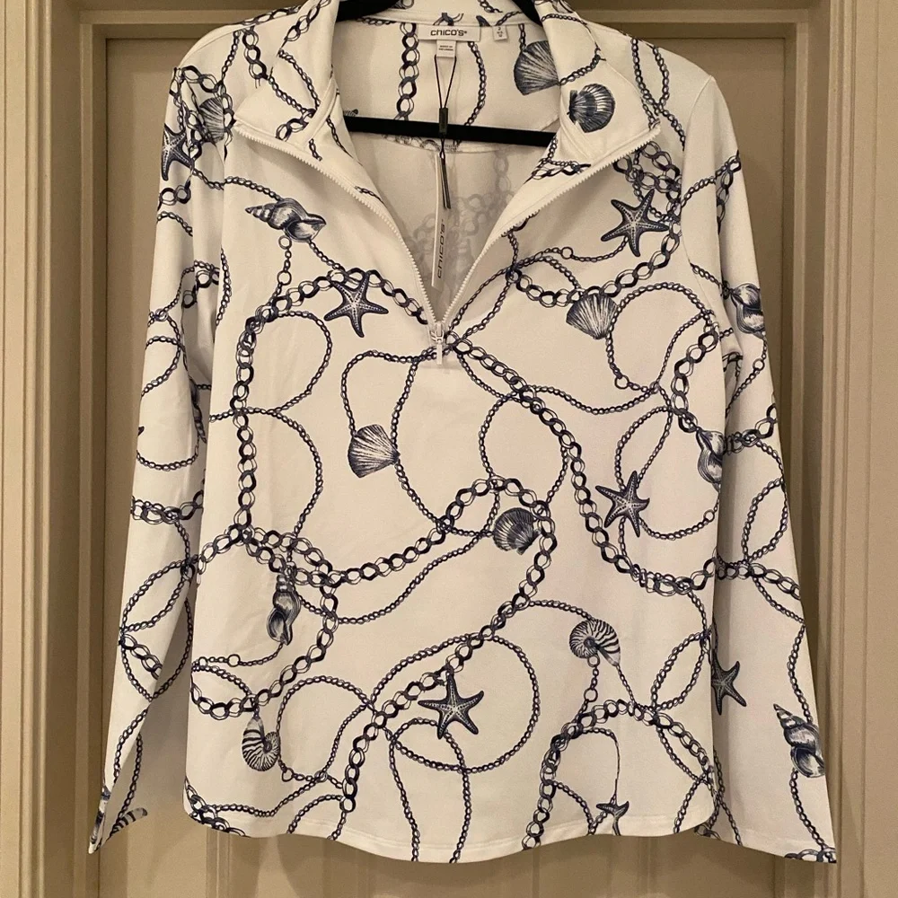 Chico's NWT White Quarter Zip Athletic Golf Tennis with Blue Nautical Design